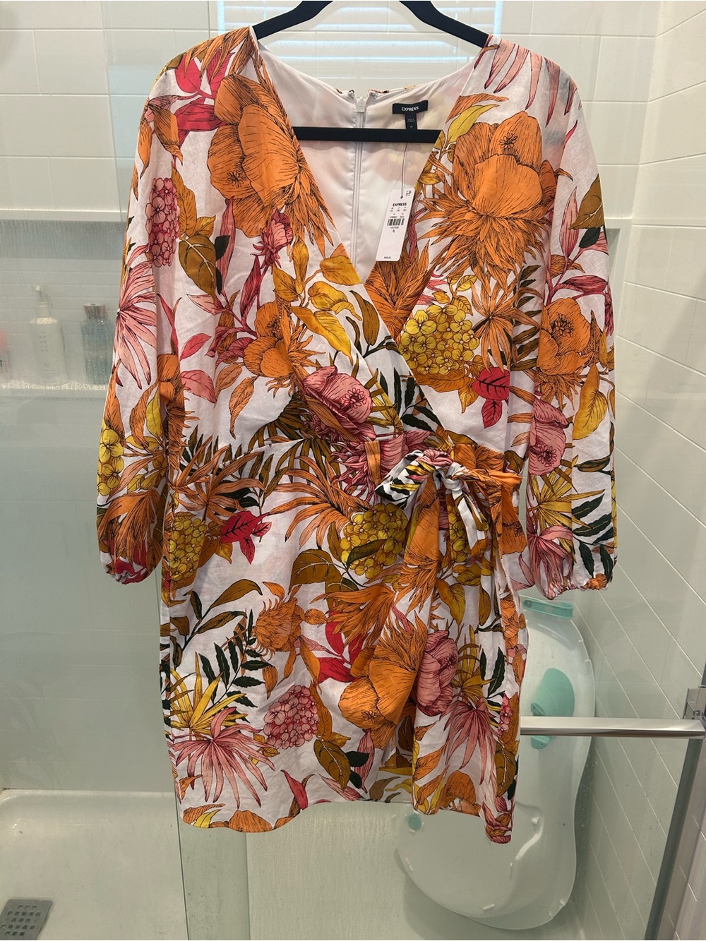 Express Floral Wrap Dress in Orange and Pink